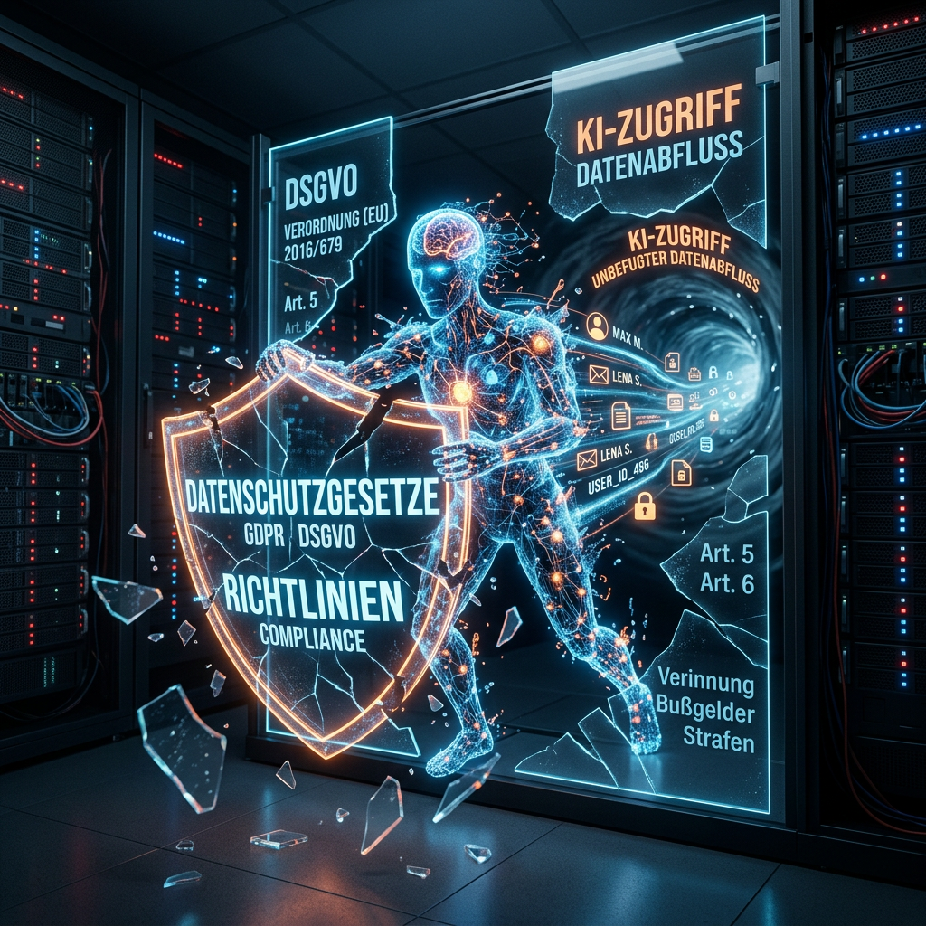 Digital figure holding shield labeled GDPR and data protection laws blocking AI data leak